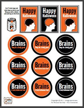 #Halloween Recipe- Brains in Jar Treat with Free Party Printables via LivingLocurto.com Free Party Printables - Halloween Brains in Jar Labels