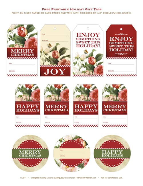 Ree Drummond The Pioneer Woman Holiday TV Show Free Printable Gift Tags
