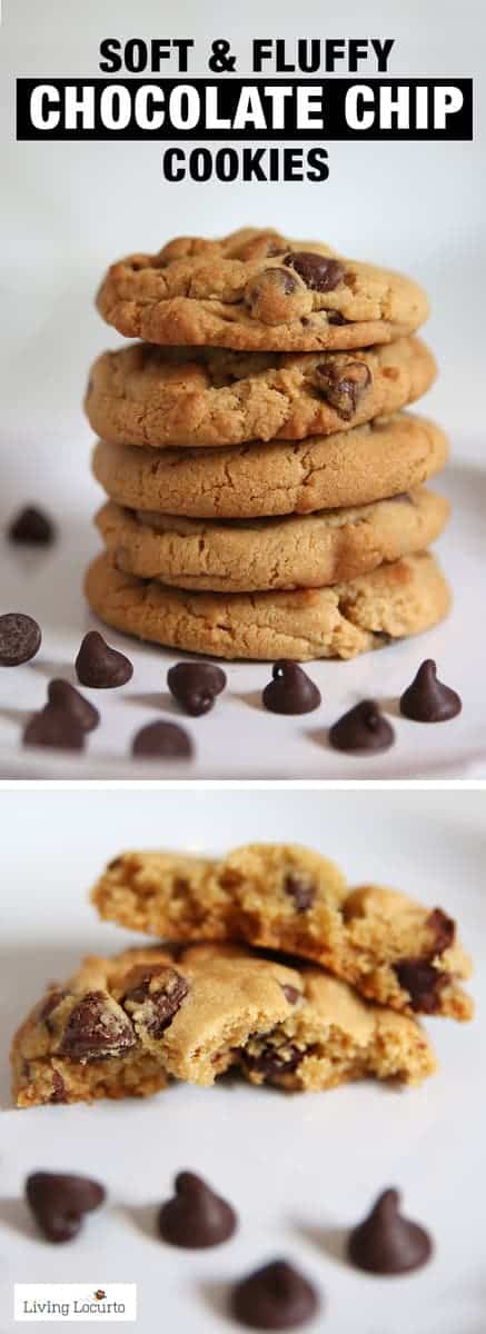 A recipe for the BEST and softest chocolate chip cookies! Soft fluffy cookies that come out perfect every time. A classic chocolate chip cookie recipe. LivingLocurto.com #cookies #chocolate #chocolatechip #recipe #baking #softcookies #livinglocurto