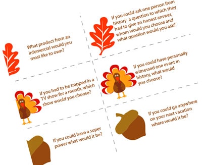 Thanksgiving Dinner Conversation Starters Great Free Party Printables for Thanksgiving. Coloring Pages, Conversation Starters and more! LivingLocurto.com