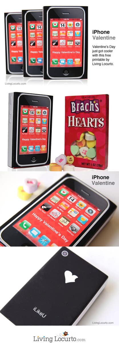 Free Printable iPhone Valentine for Kids! Adorable idea for class gifts on Valentines Day. Looks just like an iPhone. Livinglocurto.com