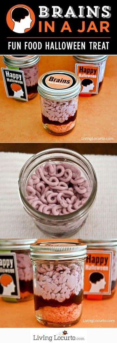 This Brain Cupcakes in a Jar recipe will wow your party guests! Creepy Brains in a Jar Cake treats make the perfect Halloween food. Get the recipe, instructions, and free printables for these fun brain cupcakes on LivingLocurto.com. Great dessert idea for a zombie or Halloween party. #zombie #cupcakes #masonjar #halloween #halloweenparty #brain #dessert #cake #recipe #easyrecipe #cake #halloweenfood #brains