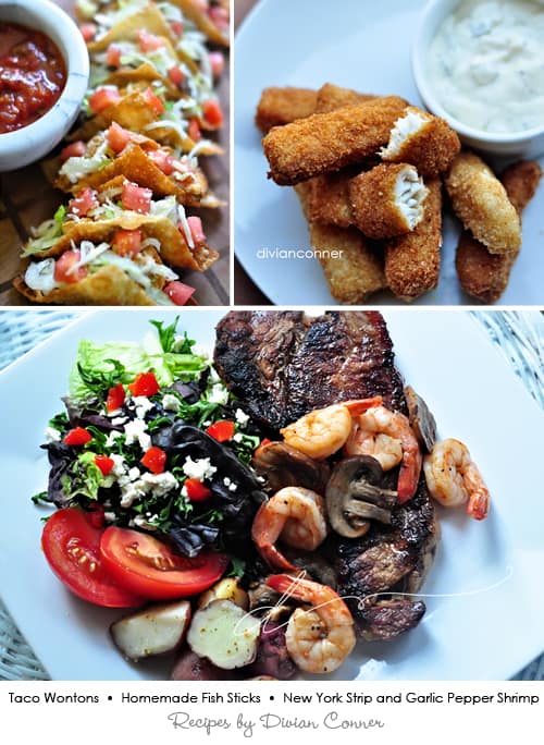 3 Easy Dinner Recipes - Taco Wontons, Homemade Fish Sticks, New York Strip with Garlic Pepper Shrimp | Living Locurto