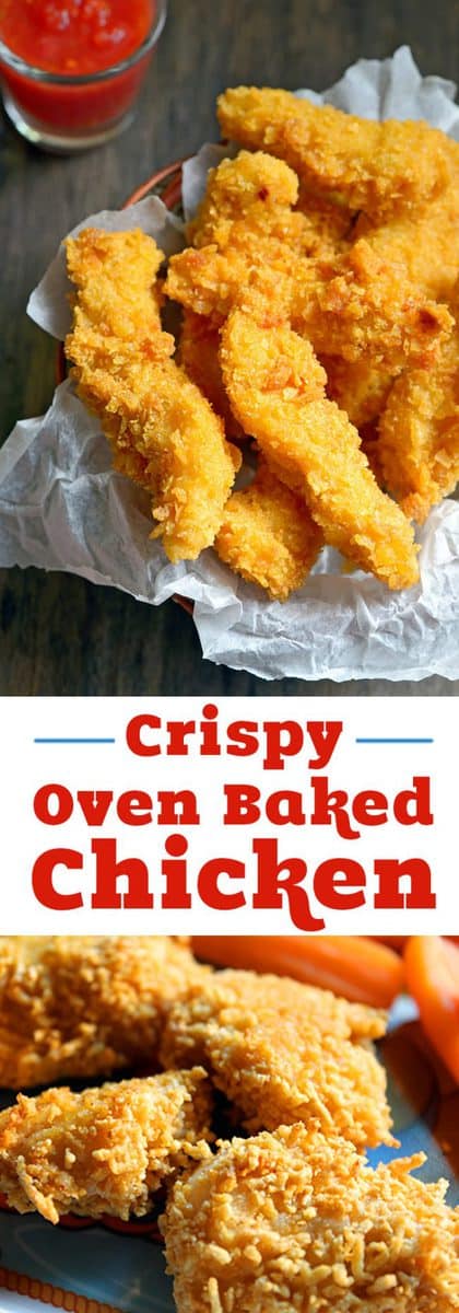 Easy crispy oven baked chicken recipe your family will love for dinner! Only 10 minutes of prep time for healthy oven fried chicken! Make nuggets for kids or strips for dipping. 