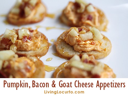 Easy Bacon Goat Cheese Pumpkin Dip Recipe - Delicious Thanksgiving Party Appetizers drizzled with Honey and topped with Apples & Walnuts. 