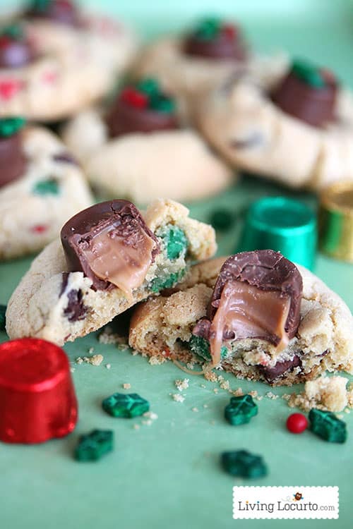 Rolo Chocolate Chip Cookies with holly candy sprinkles are easy Christmas Cookies perfect for a cookie exchange or holiday party!