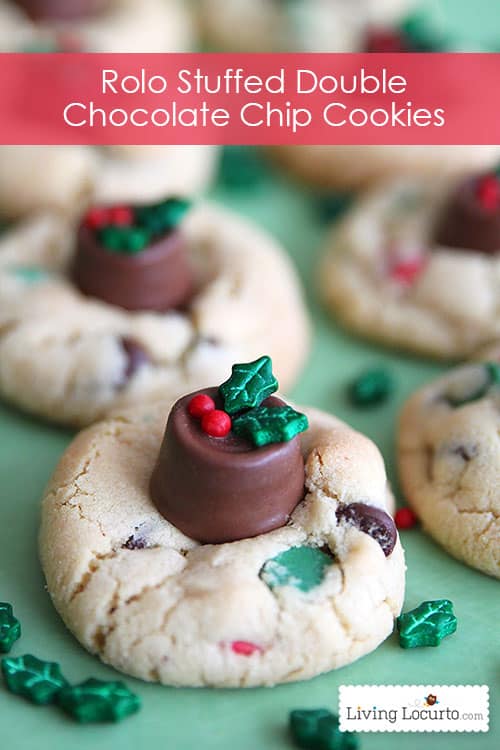 Rolo Chocolate Chip Cookies make a great recipe for the holidays with dark chocolate and Rolo candy. These easy Christmas Cookies are perfect for a cookie exchange or party!