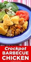 Slow Cooker Chicken dinner. Crockpot Barbecue Chicken recipe with sweet potatoes, barbecue sauce and cornbread.