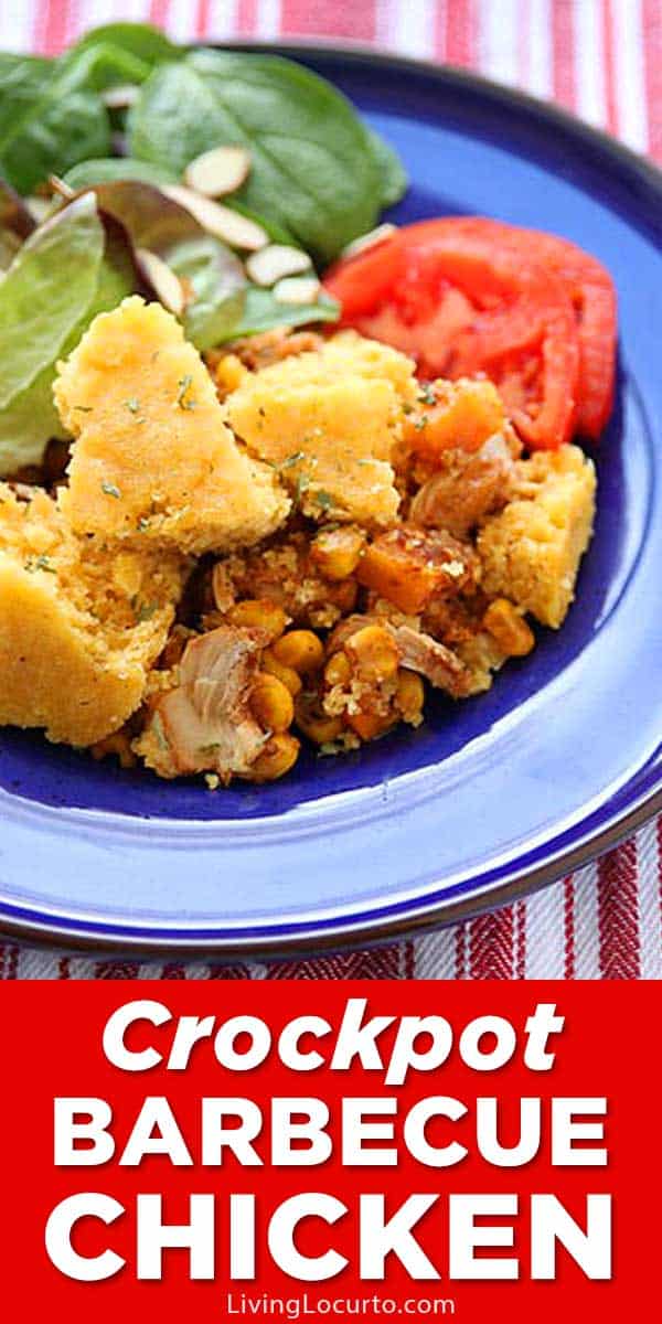 Slow Cooker Chicken dinner. Crockpot Barbecue Chicken recipe with sweet potatoes, barbecue sauce and cornbread.