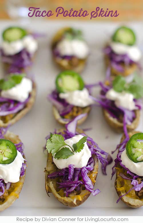 These flavorful Taco Potato Skins are an easy party appetizer recipe. Perfect game day snacks for a Super Bowl Football party.