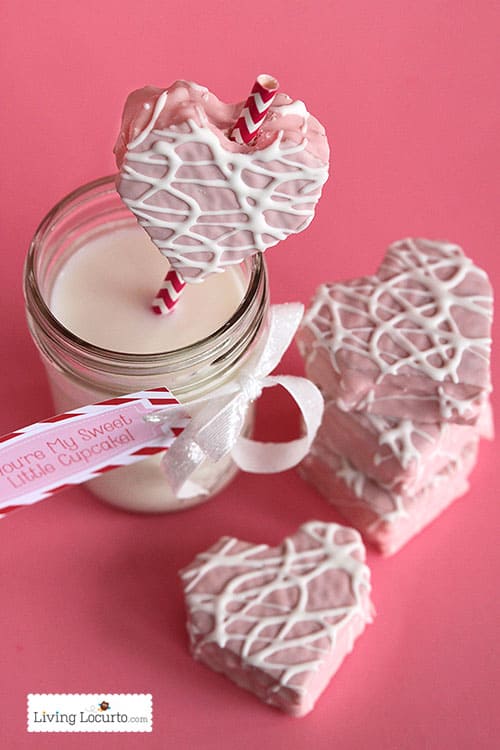 Easy Valentine's Day Fun Food Party Idea with Free Printable Tags. Little Debbie heart cakes on a straw by LivingLocurto.com