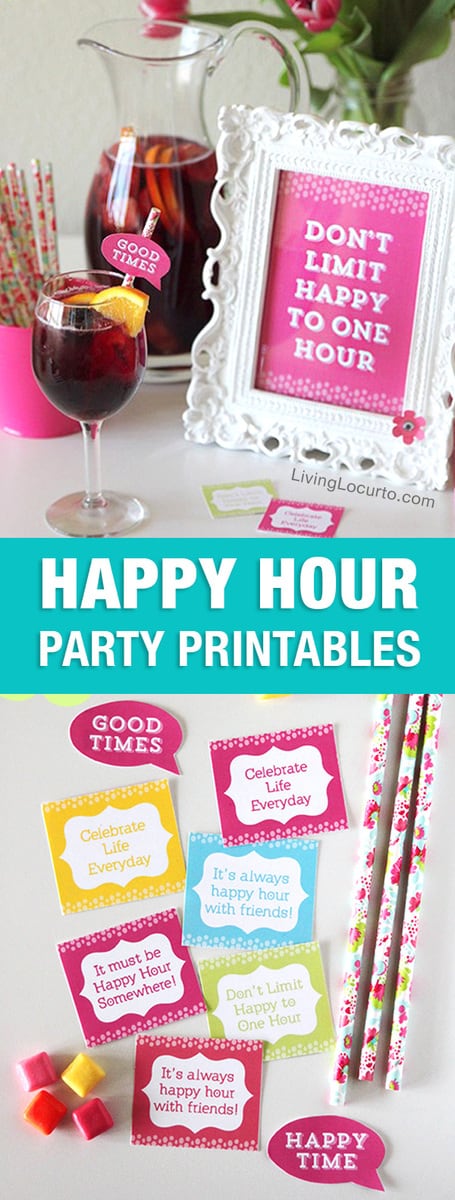 Fun Happy Hour Party Ideas and recipes! Call some friends and have a girl's day or night out with these simple Happy Hour Party Ideas and Free Printable Decorations!