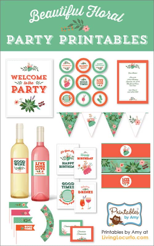 Pretty Tangerine and Green Floral Party Printables Collection by Amy Locurto. LivingLocurto.com