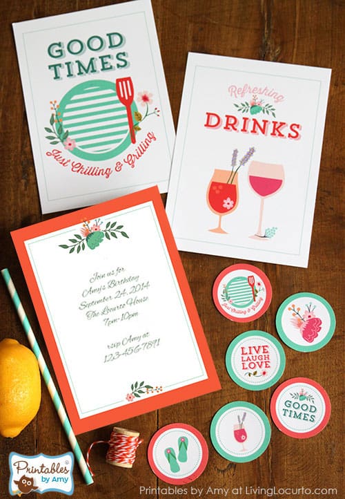 Pretty Tangerine and Green Floral Party Printables Collection by Amy Locurto. LivingLocurto.com