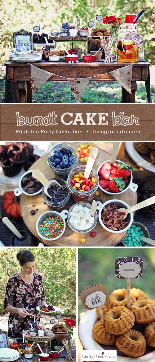 A Beautiful Outdoor Decorate Your Own Mini Bundt Cake Bar Party. Whether you're throwing a backyard bash or decorating a dessert table, these party ideas and free party printables will impress your guests!  See more at LivingLocurto.com