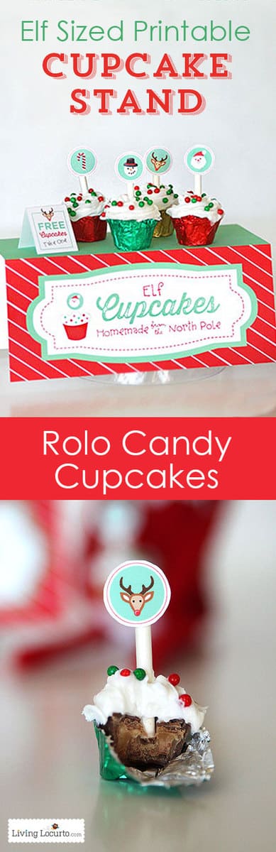 Tiny Elf Sized Cupcake Stand with mini Rolo cupcakes! Cute printable idea for kids at Christmas.
