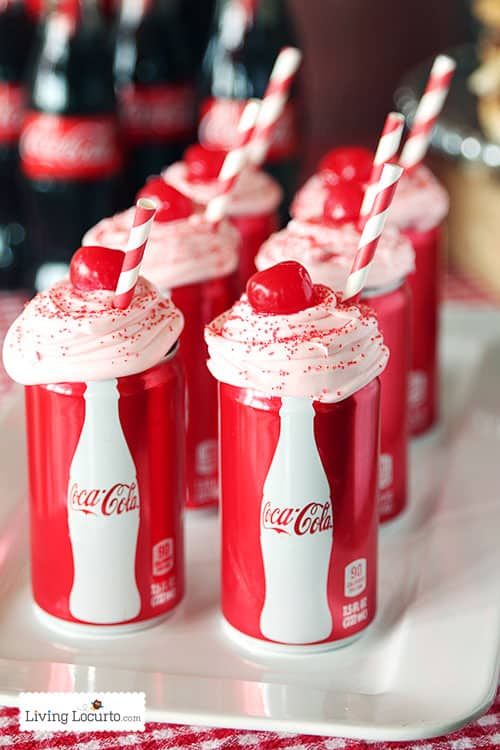 Cherry Coke Float Cupcakes in Coca-Cola Cans. The best chocolate dessert! A fun cake idea for a birthday. Also get Free Printables for a Football Party.