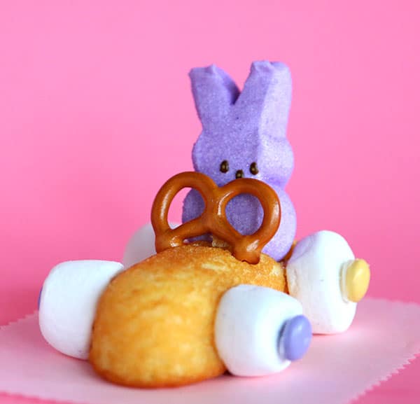 Easter Bunny Race Car Treats with Peeps. Easy No Bake Easter Treats! A few ideas that you can do in minutes with Peeps. Great treat for kids to make themselves. LivingLocurto.com