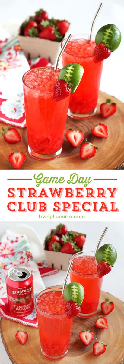 Strawberry Club Special is a fresh and fruity drink recipe to serve at your next party. A perfect game day drink with a lime football garnish! @livinglocurto