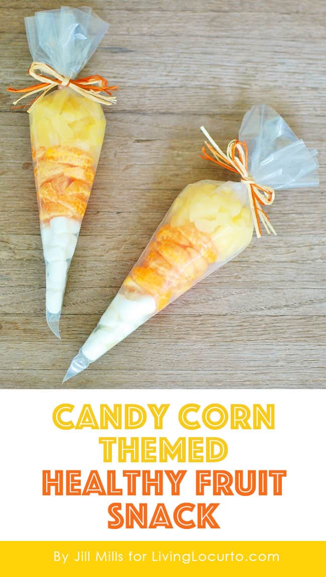 Cute Candy Corn Themed Fruit Snacks are perfect for a Fall or Halloween party. Healthy party favor treat bags for kids. LivingLocurto.com