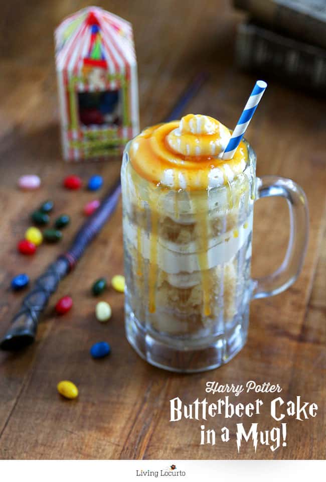 Homemade Harry Potter Butterbeer - Microwave Cake in a Mug. Easy recipe that's perfect for a Harry Potter Themed Party. LivingLocurto.com