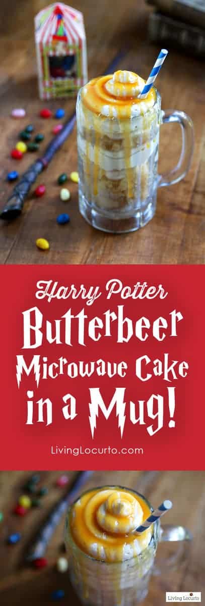 Homemade Harry Potter Butterbeer Cake! Microwave Cake in a Mug. Easy dessert recipe that's perfect for a Harry Potter Themed Birthday Party. #harrypotter #butterbeer #cake #recipe #easyrecipes #mugcake #birthdaycake #partyideas #partyfood