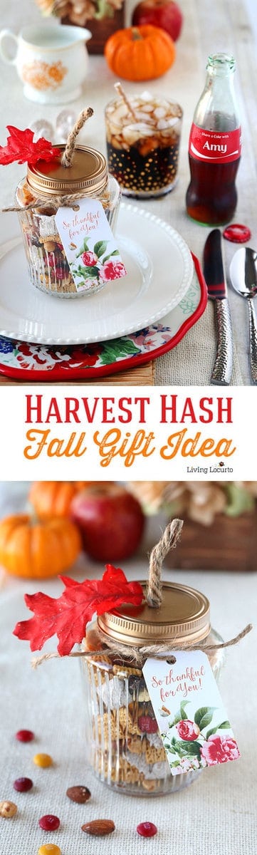 Easy Personalized Place Setting with Coke Bottles and Harvest Hash Trail Mix Recipe in DIY pumpkin jars! Thanksgiving table ideas, Free Printable Tags for Fall party favors. by @livinglocurto