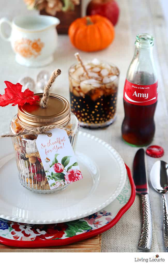 Easy Personalized Place Setting with Coke Bottles and Harvest Hash Trail Mix Recipe in DIY pumpkin jars! Thanksgiving table ideas, Free Printable Tags for Fall party favors. by @livinglocurto
