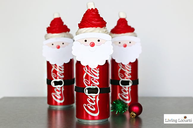 Santa Cupcakes made with Mini Coca-Cola Cans. Chocolate Coke Cupcakes recipe and cute food craft. Easy Christmas dessert for kids with free printables. 