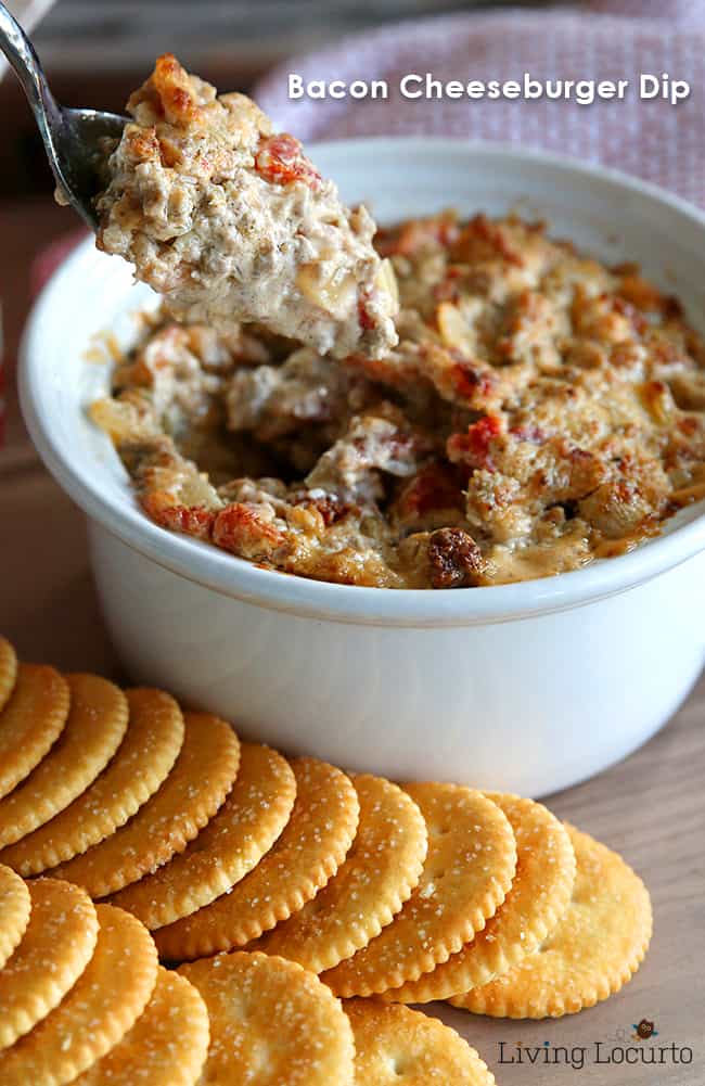 Bacon Cheeseburger Dip recipe. Perfect cheese recipe for watching football or taking to your next party. LivingLocurto.com