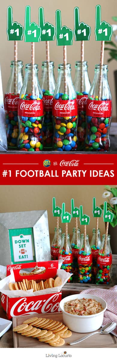 Free Football printables. These simple football party ideas and cute free football printables are a perfect way to decorate your home for game day. Decorate your home with classic Coke glass bottles and a football printable. DIY Football Party Ideas by LivingLocurto.com