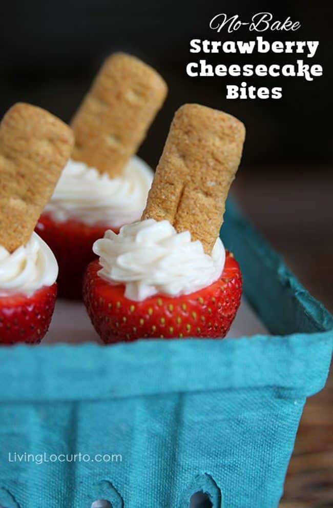 No-Bake Cheesecake Stuffed Strawberries are the perfect bite sized dessert for any party! With only 5 ingredients and a few simple steps, these sweet strawberry bite-sized treats will please everyone. Get creative by adding a graham cracker stick on top. ~ LivingLocurto.com
