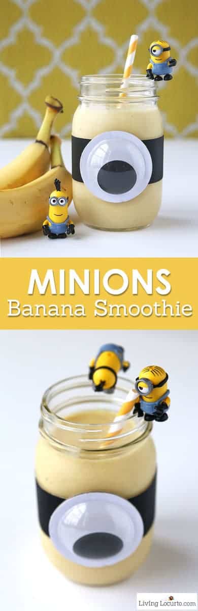 A Minions Banana Smoothie is a healthy treat for kids! Fun food snack recipe for a Minions themed birthday party, quick breakfast or after school snack. Easy Mason Jar craft. LivingLocurto.com A Minions Banana Smoothie is a healthy treat for kids! Fun food snack recipe for a Minions themed birthday party, quick breakfast or after school snack. Easy Mason Jar craft. LivingLocurto.com