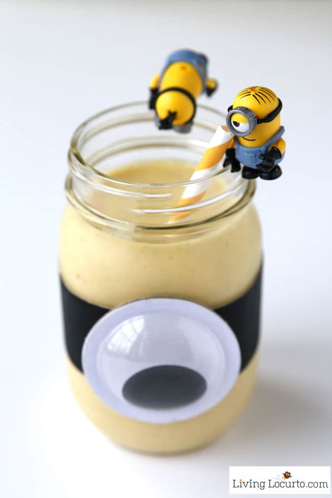 A Minions Banana Smoothie is a healthy treat for kids! Fun food snack recipe for a Minions themed birthday party, quick breakfast or after school snack. Easy Mason Jar craft. LivingLocurto.com A Minions Banana Smoothie is a healthy treat for kids! Fun food snack recipe for a Minions themed birthday party, quick breakfast or after school snack. Easy Mason Jar craft. LivingLocurto.com