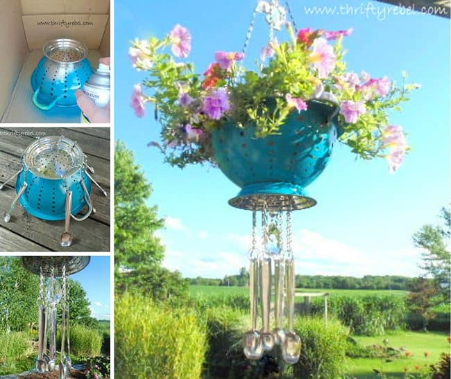 Colander wind chime flower pot. Creative ways to add color and joy to a garden, porch, or yard with DIY Yard Art and Garden Ideas! Repurposed ideas for the backyard. Fun ideas for flower gardens made from logs, bikes, toys, tires and other old junk. ~ featured at LivingLocurto.com