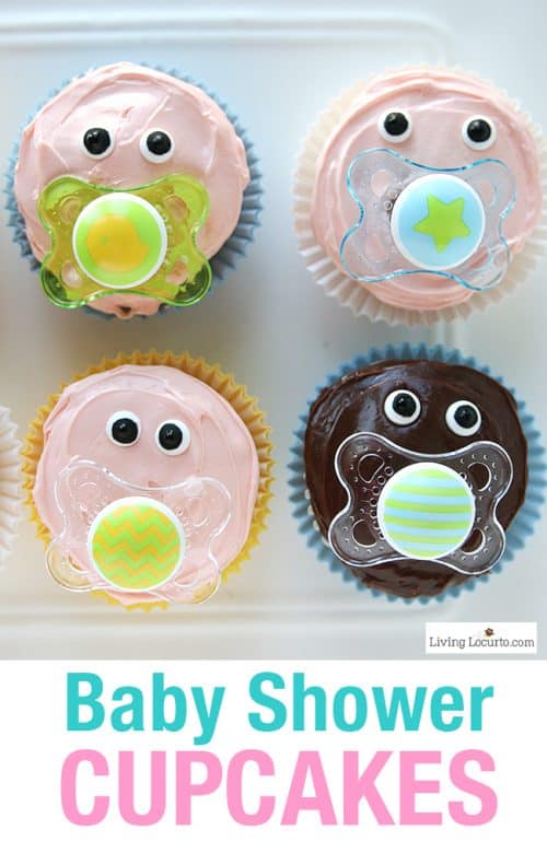 Easy Baby Shower Party Ideas and how to make adorable Baby Pacifier Cupcakes. Free printables and diaper cake inspiration. LivingLocurto.com