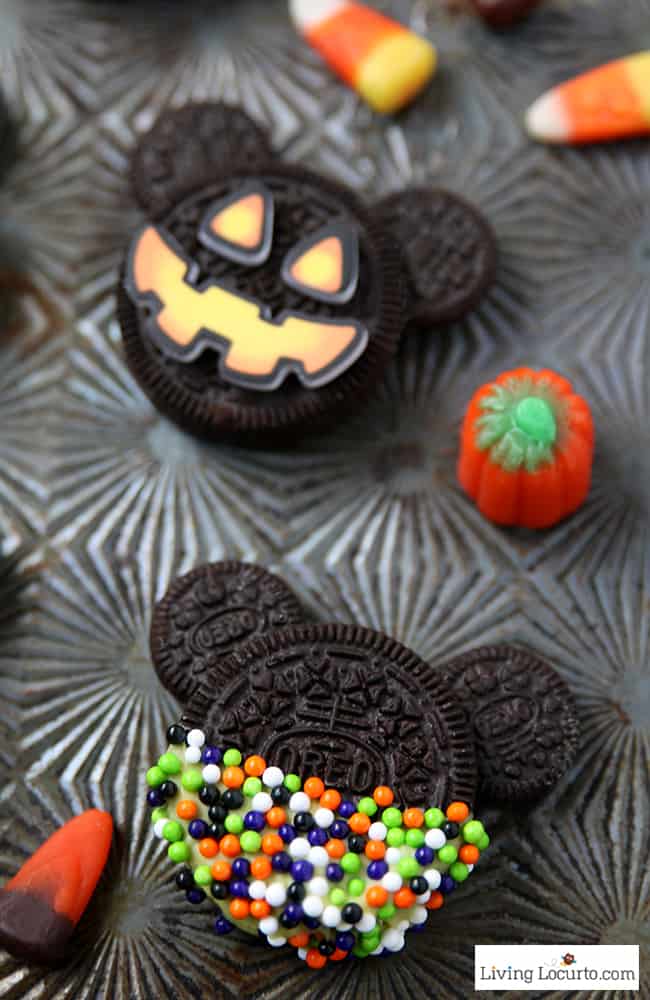 Mickey Mouse Halloween Cookies are adorable Halloween Treats! Easy no bake cookie made with Oreo cookies. Fun food jack-o-lantern Disney themed holiday party dessert recipe for kids. LivingLocurto.com
