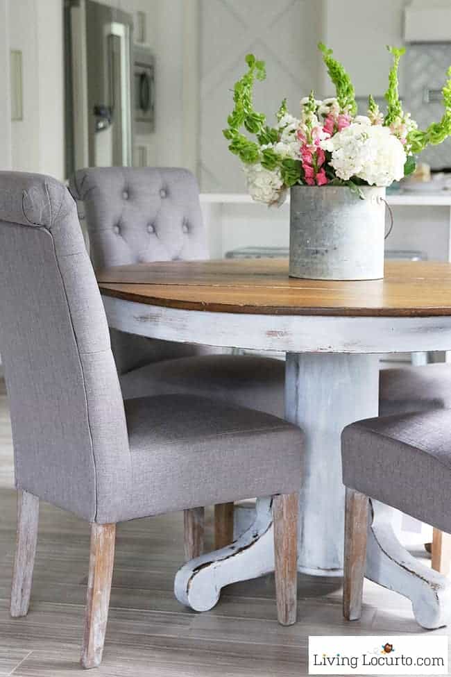 New White Kitchen Reveal. Amazing before and after photos of a modern farmhouse style kitchen home remodel. Home decorating and kitchen inspiration. Refinished barn table. Gray and White. LivingLocurto.com
