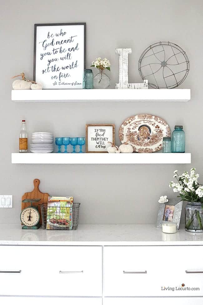 New White Kitchen Reveal. Amazing before and after photos of a modern farmhouse style kitchen home remodel. Home decorating and kitchen inspiration. Open Shelves decorations. LivingLocurto.com
