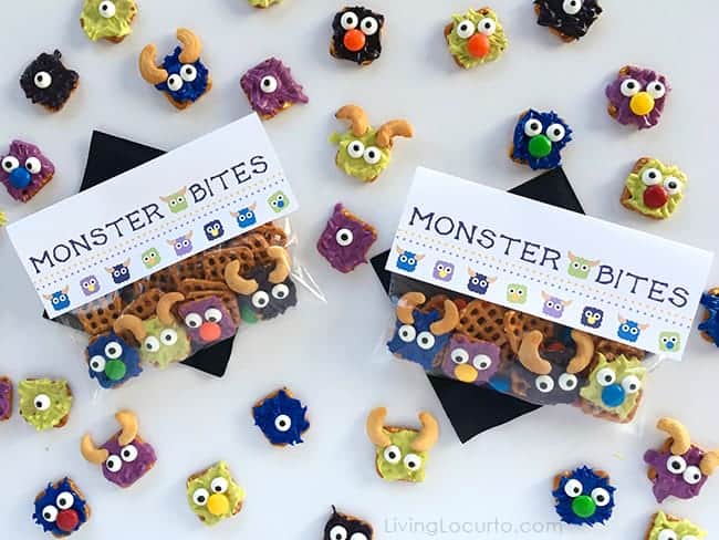 Monster Bites! Monster Candy Pretzels with FREE Printable Party Favors. No-bake chocolate covered pretzel treats for Halloween or a Monster birthday party. Monster Bites! Monster Candy Pretzels with FREE Printable Party Favors. No-bake chocolate covered pretzel treats for Halloween or a Monster birthday party.