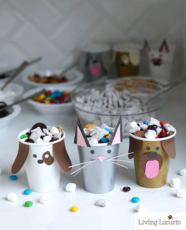 Pet party ideas for kids! Dog and Cat Paper Cup Craft with Puppy Chow Snack Bar. Perfect for a pet themed birthday or The Secret Life of Pets Movie party.