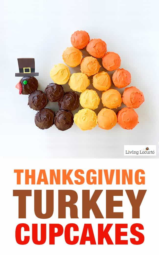 Cute Turkey Cupcakes for a creative Thanksgiving dessert! Wow your dinner guests with this simple pull apart cake recipe idea. LivingLocurto.com