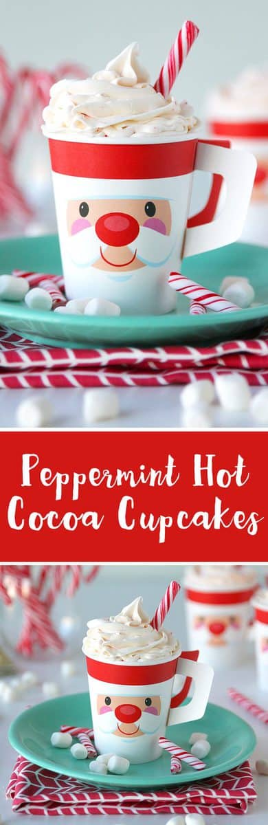 Hot Chocolate Cupcakes with Peppermint Frosting are a perfect dessert for a Christmas party! A fun food cake made to look like a cup of hot cocoa.