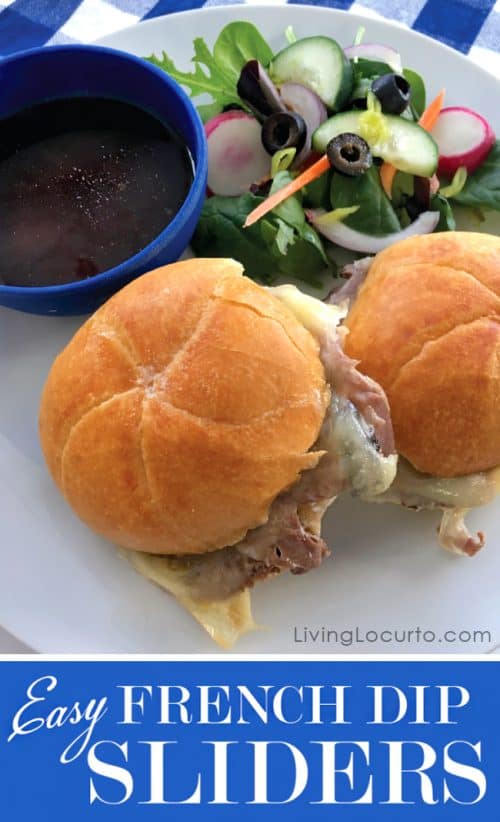 These are the best French Dip Sliders! Easy Baked Roast Beef Sandwiches with only ten minutes of prep time that are perfect for a quick and easy family meal or a party appetizer.