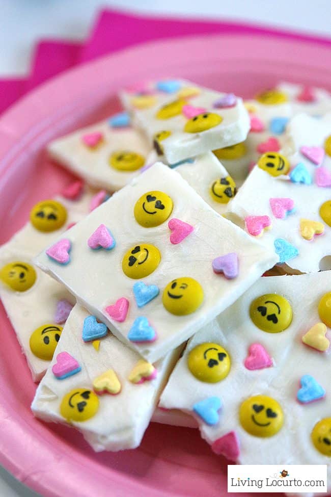 Emoji Chocolate Bark only takes 5 minutes to make Valentine's Day Treats for school parties or a birthday. 