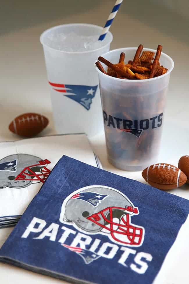 New England Patriots Football Party Cups and Spicy Chex mix recipe