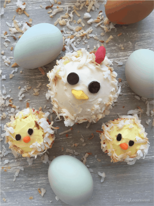 Backyard chicken lovers will fly the coop over these cute chicken cupcakes!  Celebrate a birthday party, Easter or baby shower with mom and baby chick cakes.