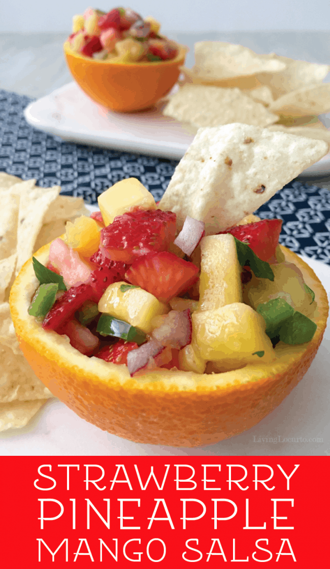 Easy fruit salsa recipe. Sweet and spicy Strawberry Pineapple Mango Salsa is a fabulous healthy dip served in orange bowls! Perfect party food.