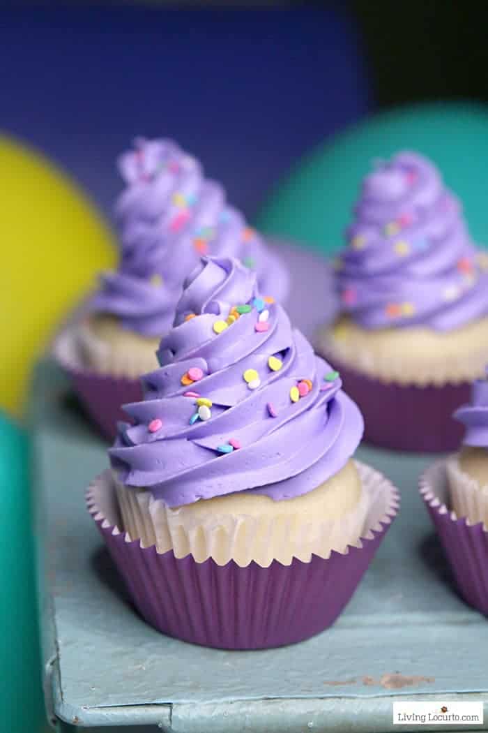 Magical Glow in the Dark Cotton Candy Cupcakes - Fun purple with sprinkles Birthday Party Cake Recipe Idea. 