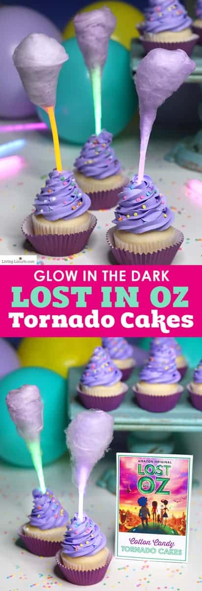 Magical Glow in the Dark Cotton Candy Cupcakes in the shape of a tornado are the perfect treat for watching the new Amazon Original kids series, Lost in Oz. Fun food glow stick cake recipe idea for a kids birthday party. 